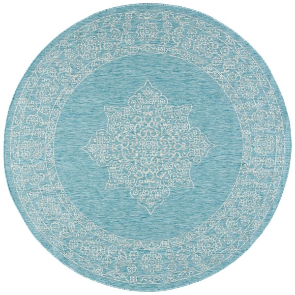 Courtyard Aqua/Gray 7 ft. x 7 ft. Round Medallion Indoor/Outdoor Patio  Area Rug