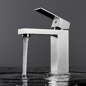 Square Single-Handle Single-Hole Bathroom Faucet in Brushed Nickel