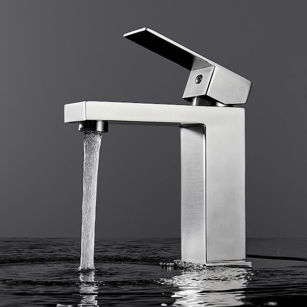 Square Single-Handle Single-Hole Bathroom Faucet in Brushed Nickel