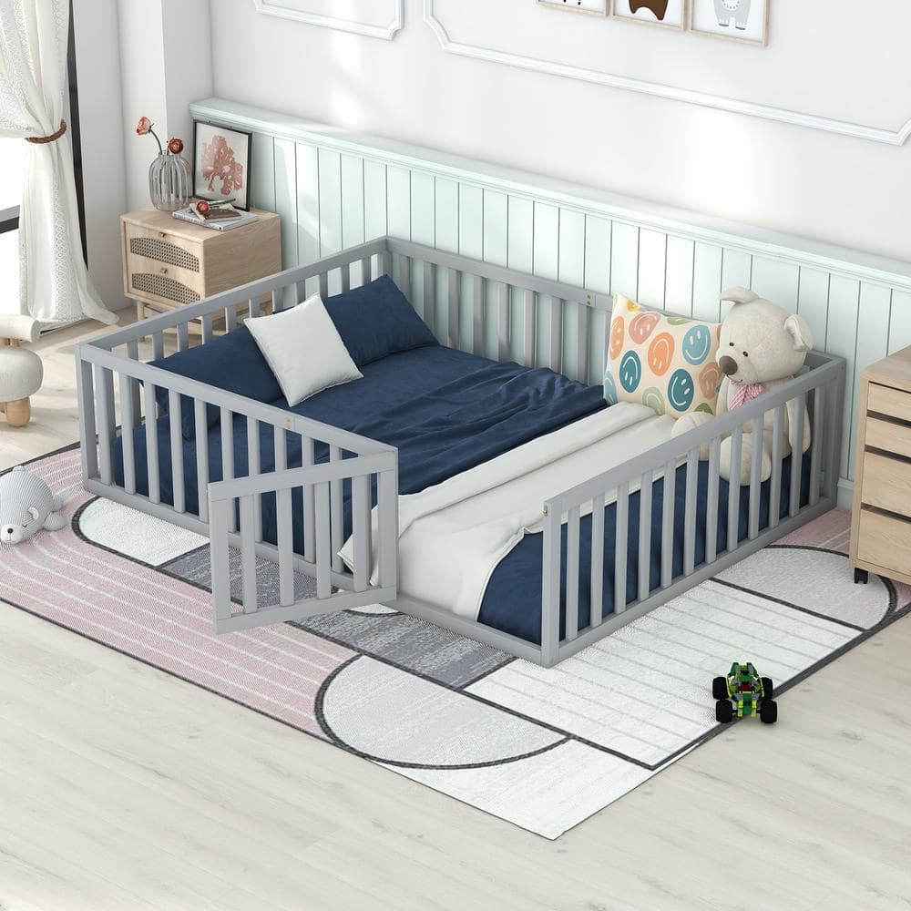 Queen Size Wood Daybed Frame with Fence, Queen Floor Bed with Door for Toddlers Kids, Box Spring Needed, Gray
