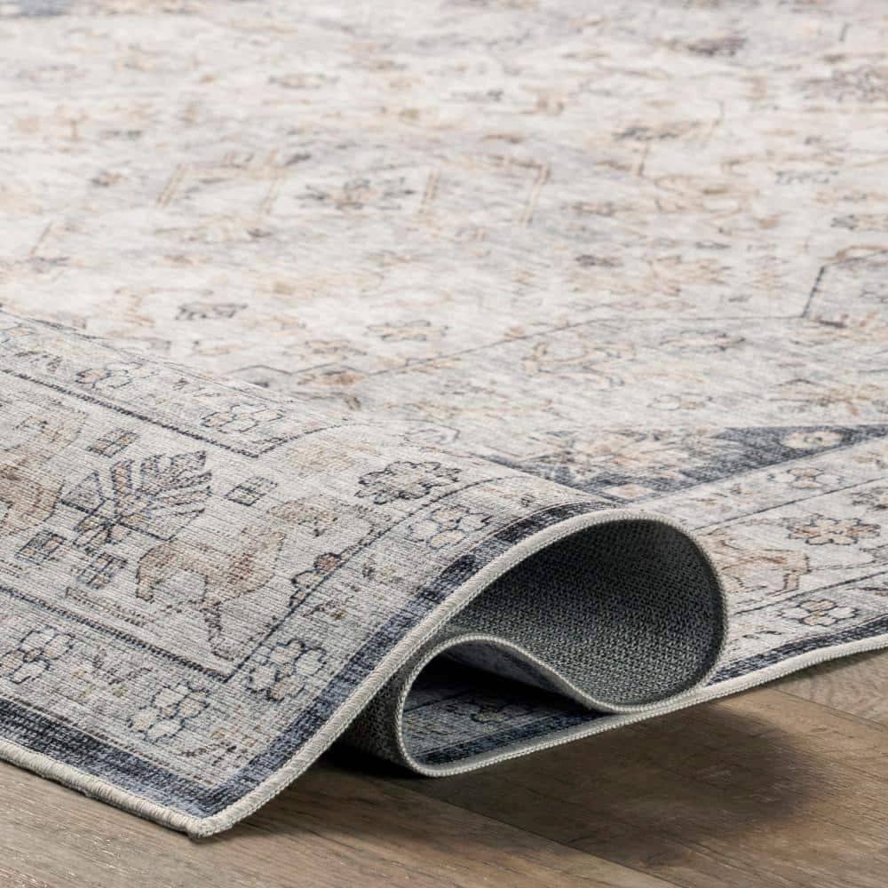 Casey Blue and Gray Synthetic Round Oriental Area Rug, 9' x 12'