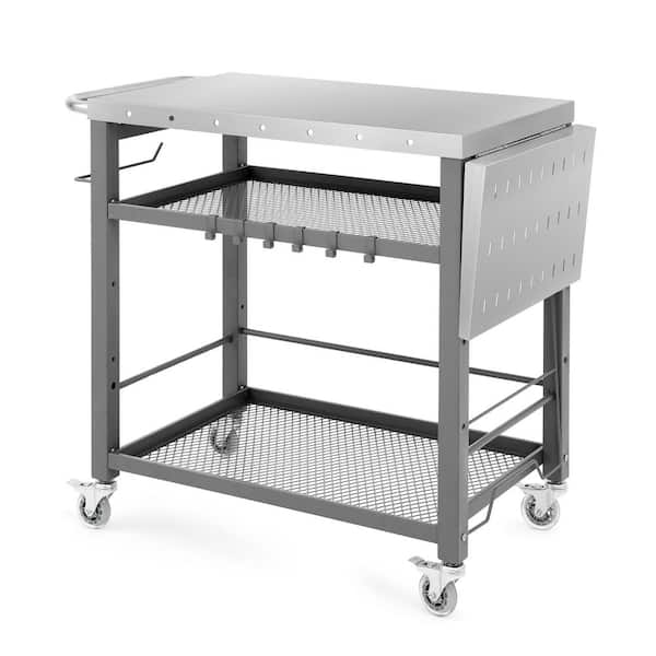 Lue Bona Gray 3 Shelf Movable Outdoor Grill Carts Table Stainless Steel Cart Foldable Flattop 7664