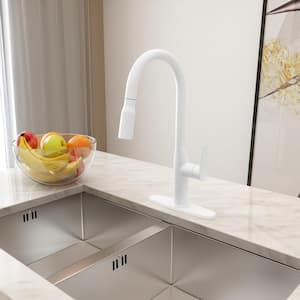 Modern Single Handle Pull Down Sprayer Kitchen Faucet with Deckplate and Water Supply Hoses in Matte White