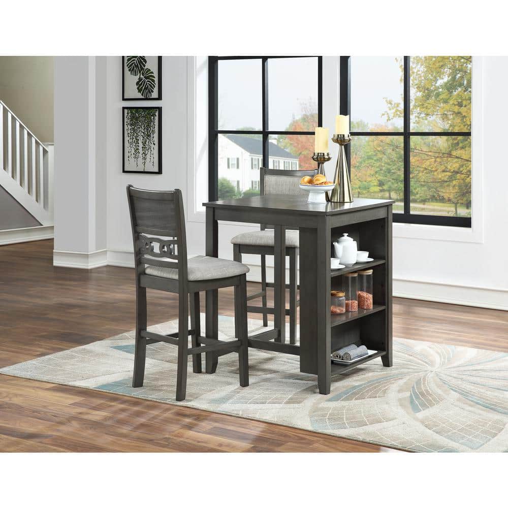 Gray Solid Wood Counter Table with Storage and 2 Chairs