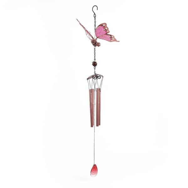 Mr. Garden 32 in. Pink Butterfly Night Glowing Wind Chime Fluorescent ...