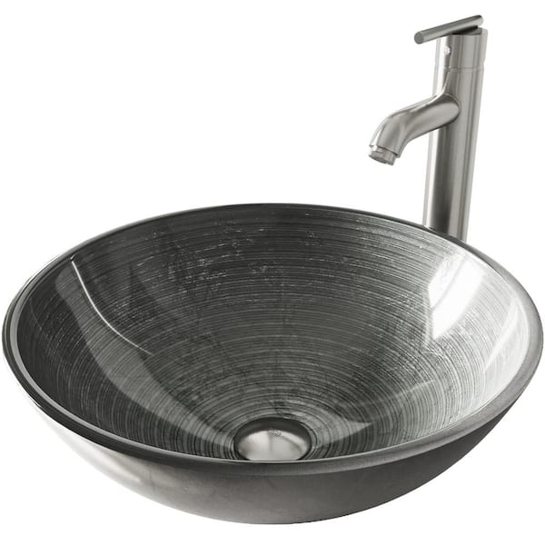 VIGO Glass Round Vessel Bathroom Sink in Silver with Seville Faucet and Pop-Up Drain in Brushed Nickel