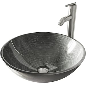 Glass Round Vessel Bathroom Sink in Silver with Seville Faucet and Pop-Up Drain in Brushed Nickel