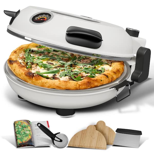 EATEX 12 in. Cream Countertop Indoor Grill Oven Electric Stone Pizza Oven Maker with 2 Pizza Peals, Scraper, Cutter, Cookbook