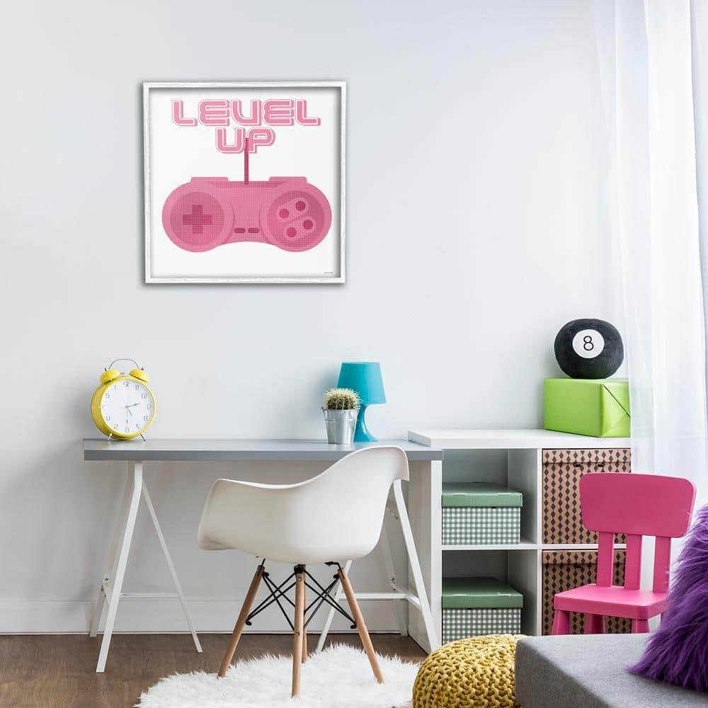 Girl Gamer Pink Level Up by Yass Naffas Designs White Framed Typography Giclee Art Print 24 in. x 24 in.