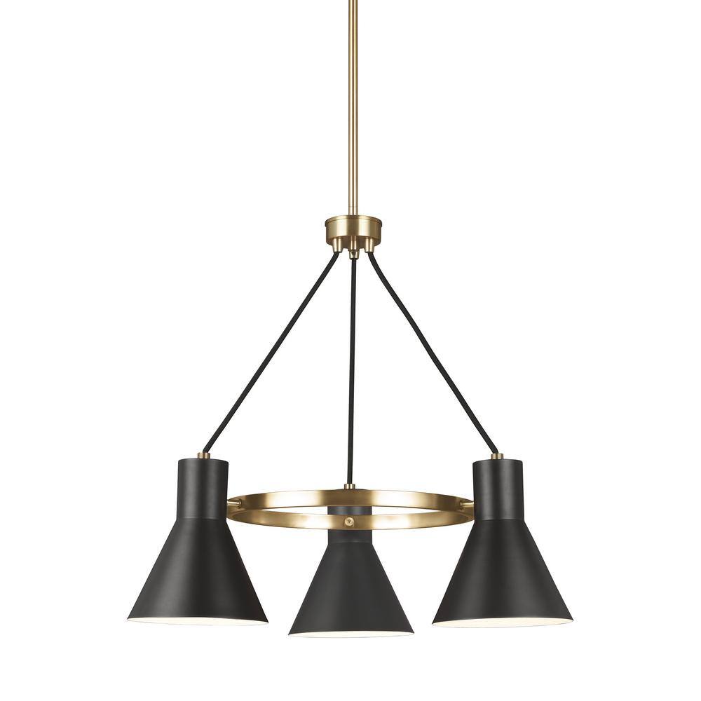 Satin Brass Towner Mid-Century 3-Light Chandelier with Black Steel Shade