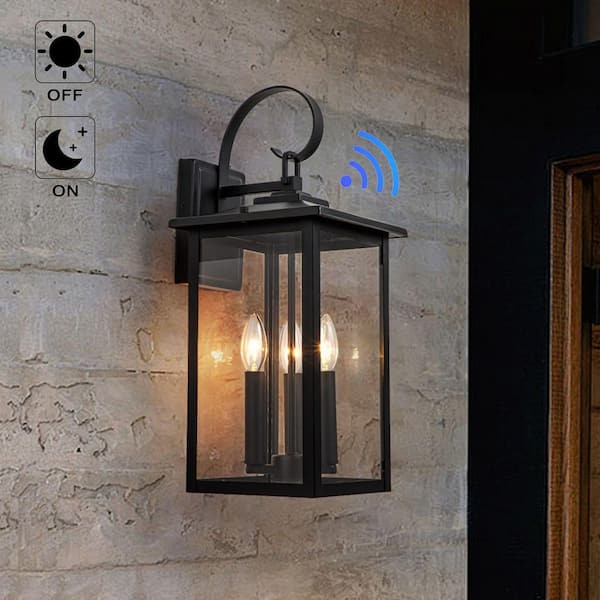 Harbor View 19.7 in. H 3-Light Black Dusk to Dawn Outdoor Hardwired Wall Lantern Scone