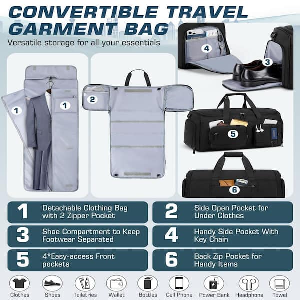 Numhew 45 L Black Convertible Garment Bag for Hanging Clothes, 3 in 1 Suit Travel Bag for Business Trips with Shoulder Strap