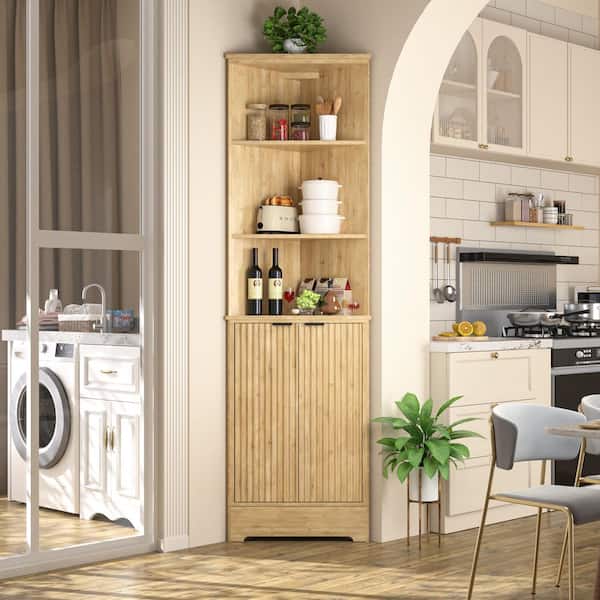 68 in. H Bamboo Corner Cabinet with Fluted Doors and Shelves, Freestanding Corner Storage Tall Cabinet, Yellow