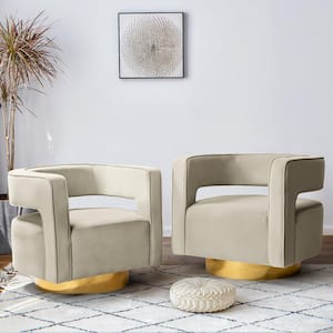 Bettina Contemporary Tan Velvet Comfy Swivel Barrel Chair with Open Back and Metal Base (Set of 2)