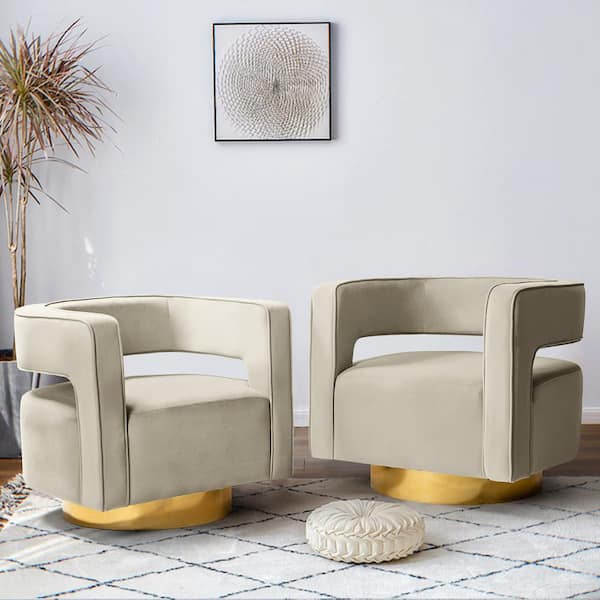 JAYDEN CREATION Bettina Contemporary Tan Velvet Comfy Swivel Barrel Chair with Open Back and Metal Base (Set of 2)