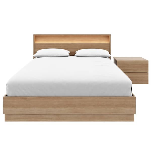 Hudson 3-Piece Brown Oak Wood Composite Queen Size Bedroom Set with Lighted Headboard