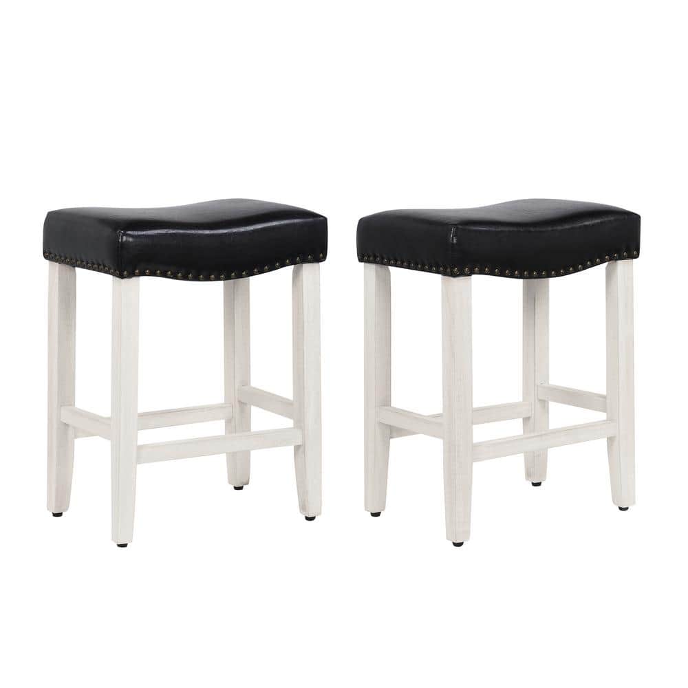 24" Black Leather & Wood Saddle Style Backless Barstool