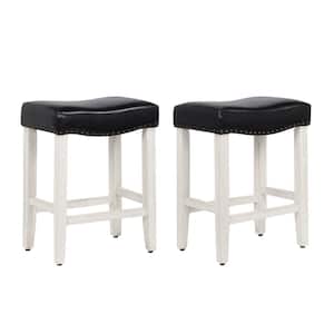 Jameson 24 in. Counter Height Antique White Wood Backless Barstool with Black Faux Leather Saddle Seat (Set of 2)