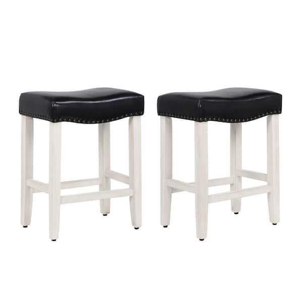 WESTINFURNITURE Jameson 24 in. Counter Height Antique White Wood Backless Barstool with Black Faux Leather Saddle Seat (Set of 2)