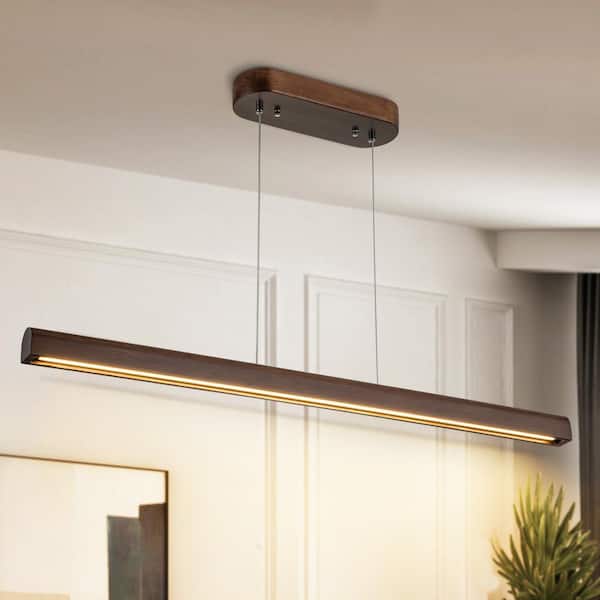 GoYeel 19-Watt 1-Light Walnut Color Farmhouse Wood Grain Hanging Kitchen lsland Light LED Linear Pendant Lighting