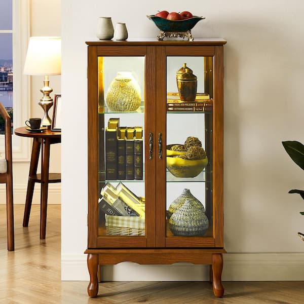 XUJMK 26 in. W x 12 in. D x 44 in. H Brown Linen Cabinet Curio Cabinet Lighted with Adjustable Shelves and Mirrored Back Panel