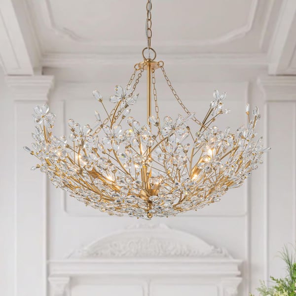 Ramas 6-Light Chandelier with Crystal Flowers and Gold Basin Frame Modern Pendant Light for Foyer