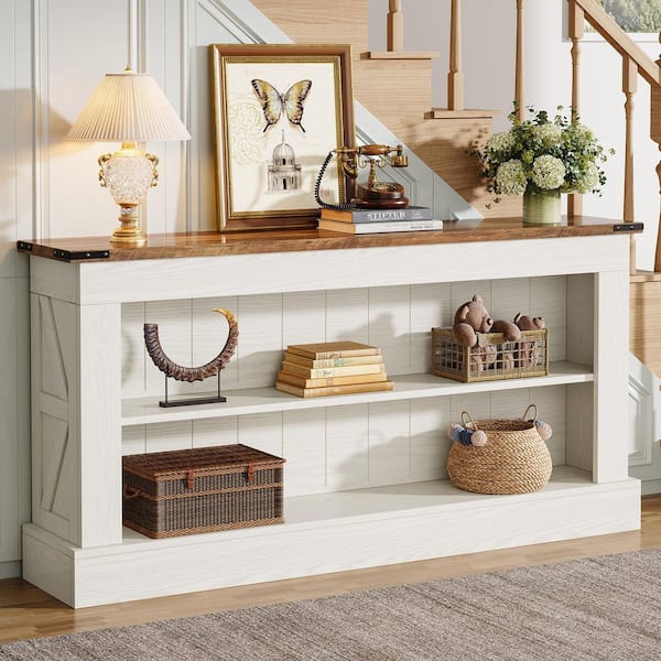 Benjamin 63 in. Long Brown and White Rectangle Wood Console Table, Farmhouse Entryway Table Sofa Table Behind Couch