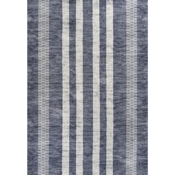 Vichy Geometric Striped Machine-Washable Slate Gray/Ivory 5 ft. x 8 ft. Area Rug