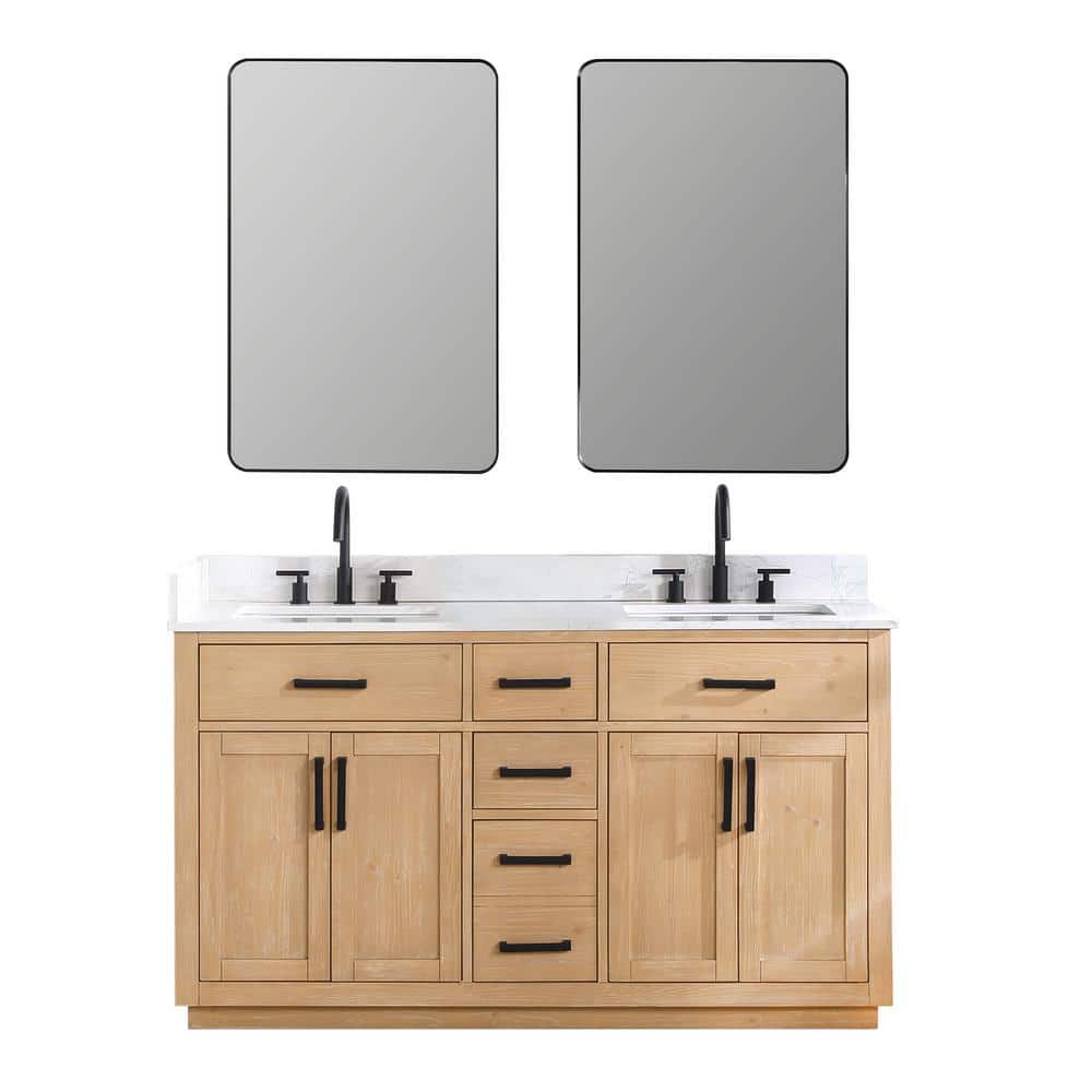 Gavino 60" Light Brown Wood Vanity with Stone Top and Mirror