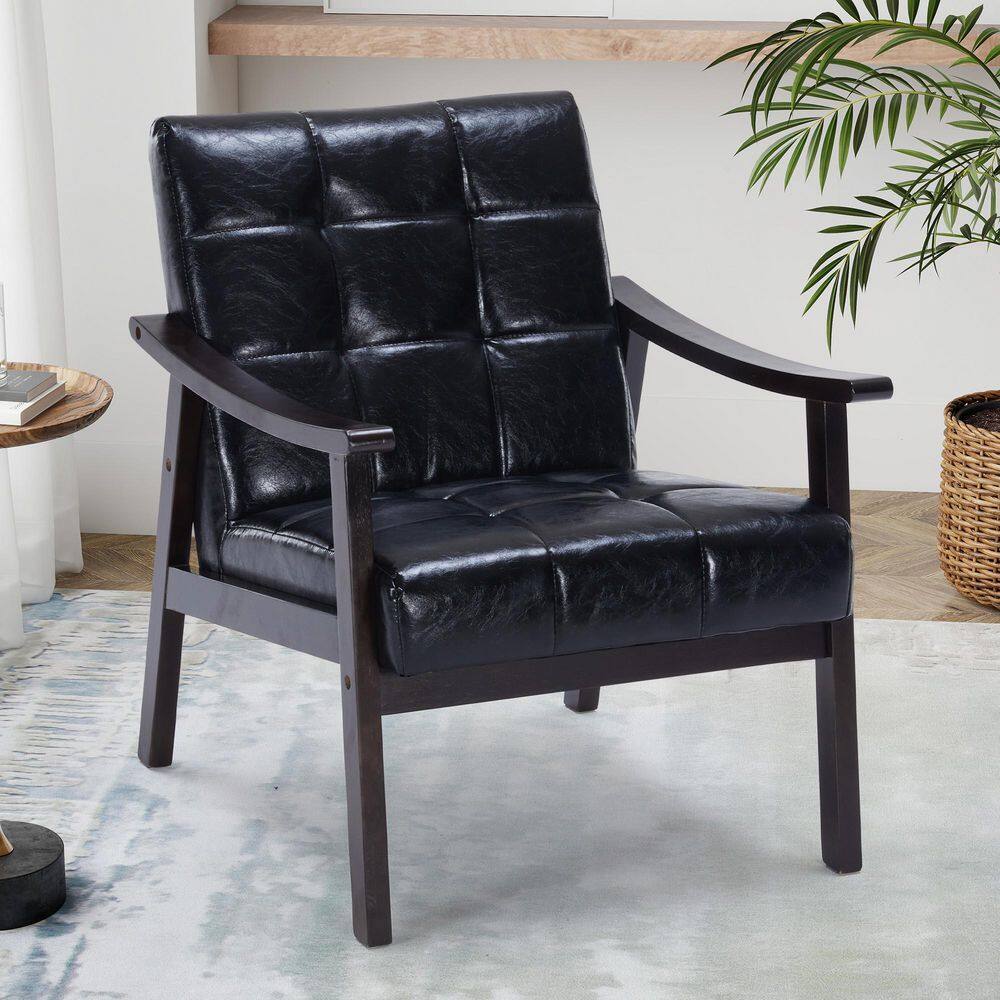 Modern Black PU Leather Upholstered Rubberwood Frame Accent Arm Chair with High Back