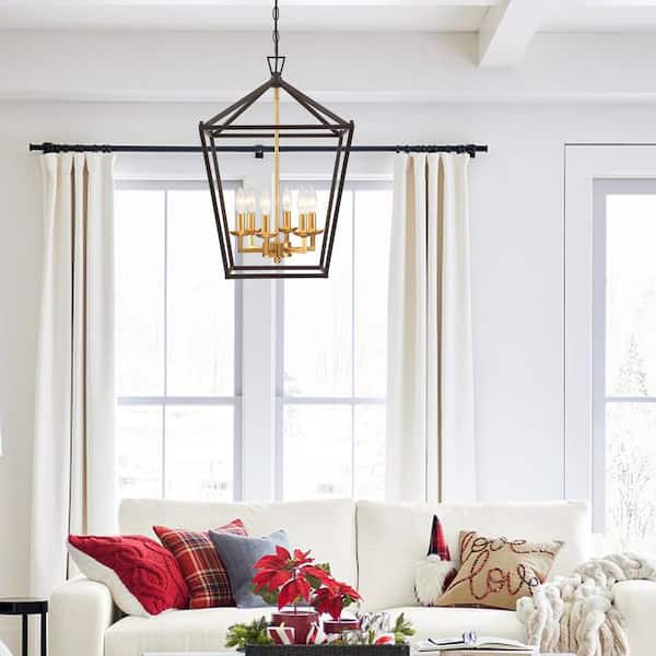 Hukoro Alfa 16 in. 6-Light Geometric Cage Lantern Pendant Light with Bronze  and Gold Painting Inside F51436-02i The Home Depot