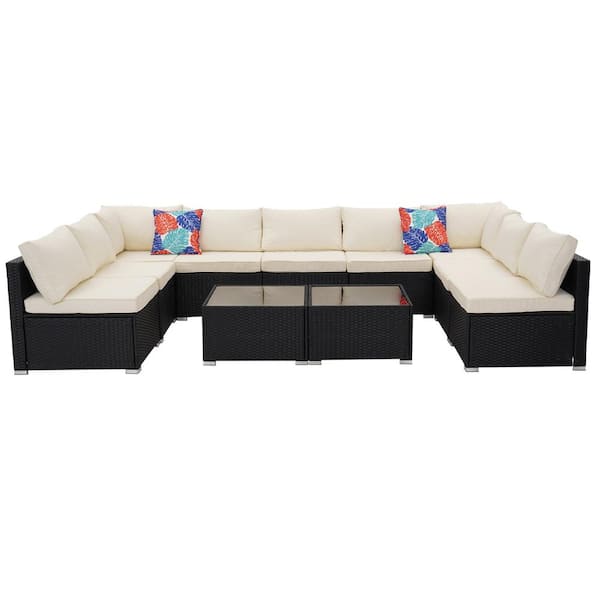 OVASTLKUY 11-Piece White Wicker Rattan Patio Furniture Set Patio Conversation with Cushions