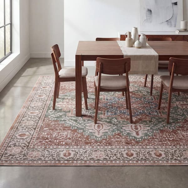 Eleanor Vintage Medallion Border Machine-Washable Green/Brown 8 ft. x 10 ft. Area Rug