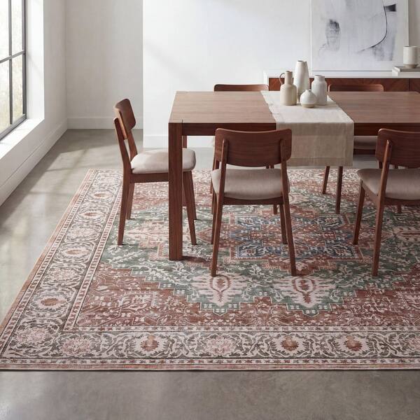 Eleanor Vintage Medallion Border Machine-Washable Green/Brown 9 ft. x 12 ft. Area Rug