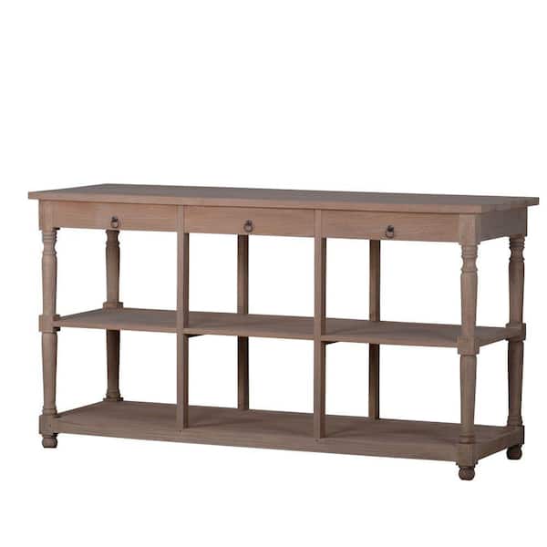 Benjara 65 in. Brown Rectangle Wood Top Console Table with 3-Drawers and Turned Legs