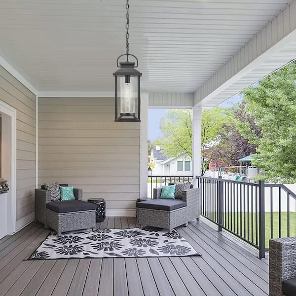 17 in. Modern Outdoor Black Pendant Light Fixture with Ribbed Glass for House Patio, Anti-Rust Waterproof