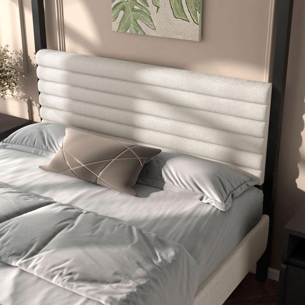 White Queen Canopy Bed with Upholstered Headboard and Wood Frame