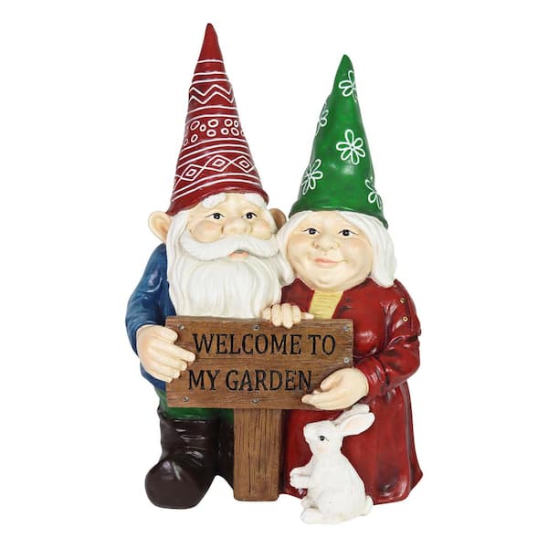 Exhart Solar Pastel Couple with LED Welcome Sign Gnome Garden Statue