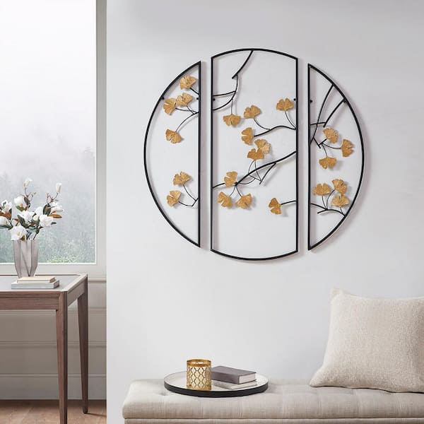 3-piece Metal Wall Decor Set Modern Golden Gingko Leaves