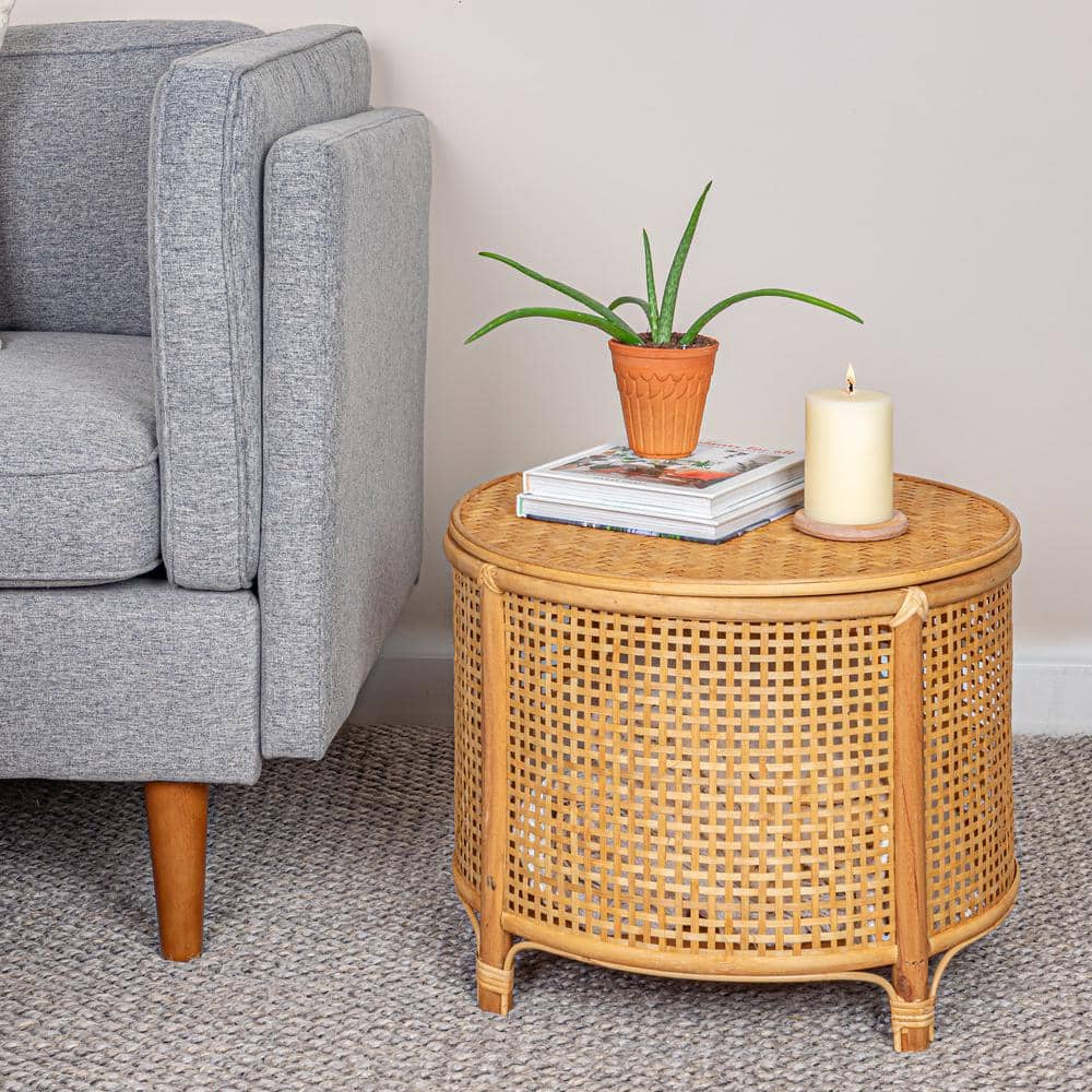 Natural Round Bamboo and Rattan Accent Storage Table