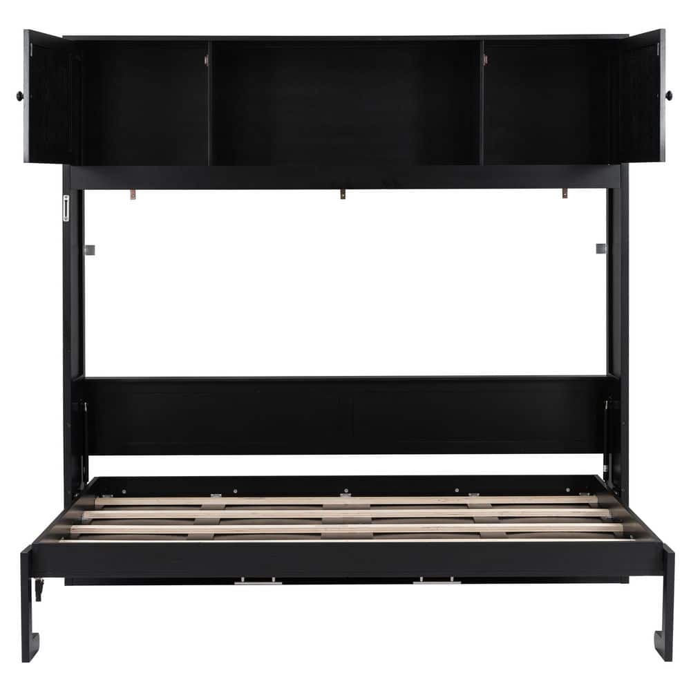 Rustic Black Solid Wood Frame Queen Size Murphy Bed with Storage Cabinets - thumbnail 6