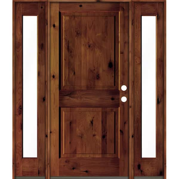 Krosswood Doors 64 in. x 80 in. Rustic Knotty Alder Square Top Red Chestnut Stained Wood Left Hand Single Prehung Front Door