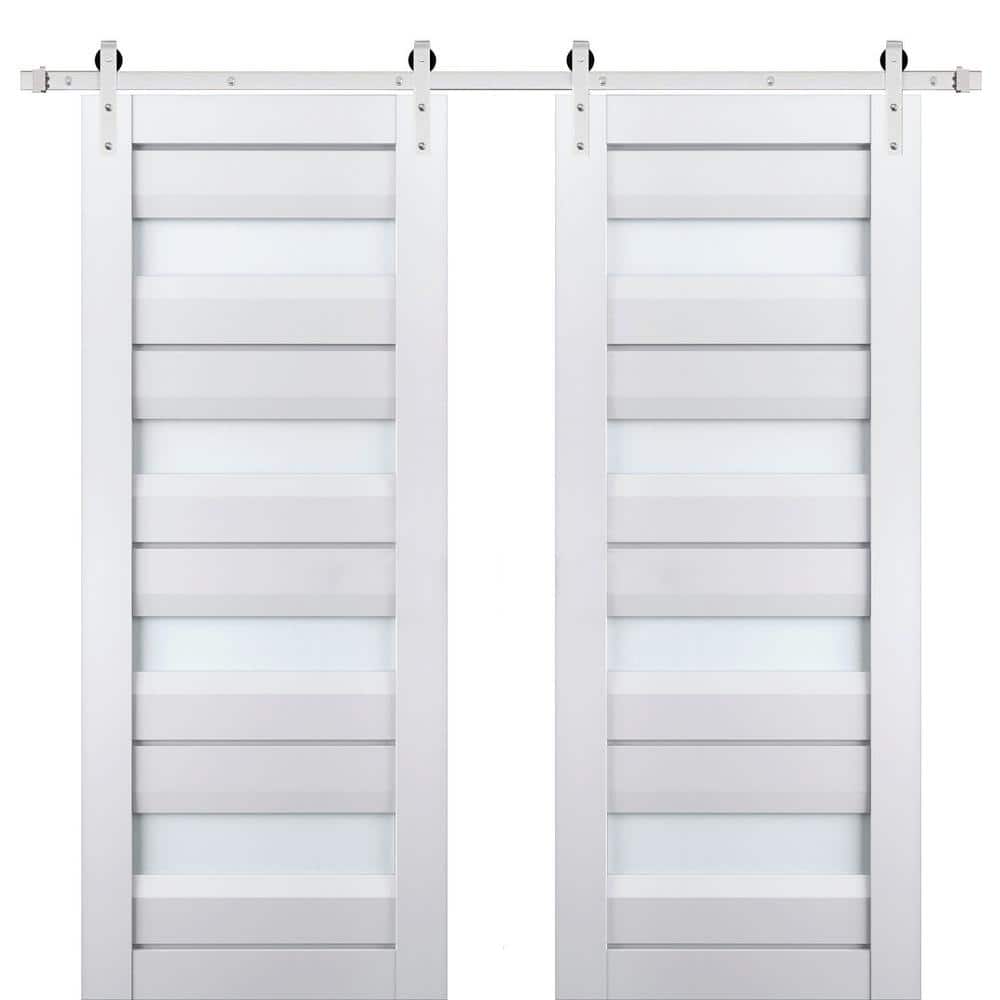 Assemble Required 24 in. x 96 in. 2-Panel Frosted Glass White Solid Wood Sliding Barn Door with Hardware Kit price history on PriceWatchPro