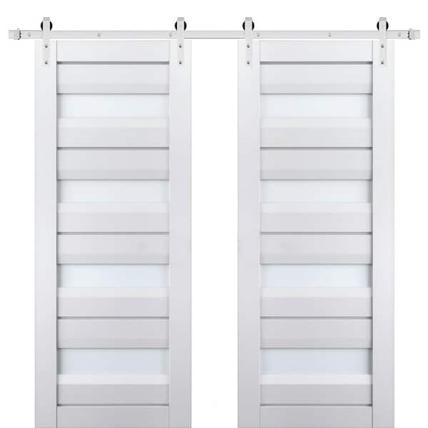 Sartodoors 42 in. x 96 in. 2 Panel Frosted Glass White Solid Wood Sliding Barn Door with Hardware Kit