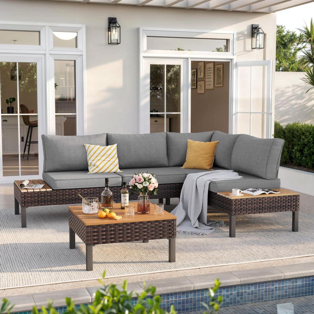 5-Piece Outdoor L-Shaped Metal Patio Seating Group With Cushions & Built-In Tables price history on PriceWatchPro