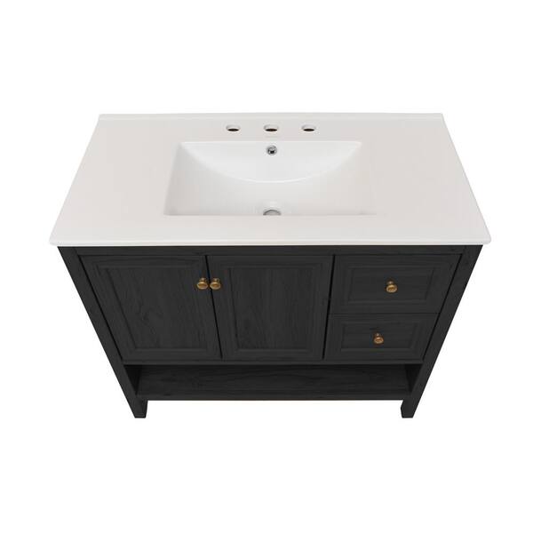 Chateau 36 in. Freestanding Bath Vanity in Black Oak with White Ceramic 3-Hole Widespread Sink Top