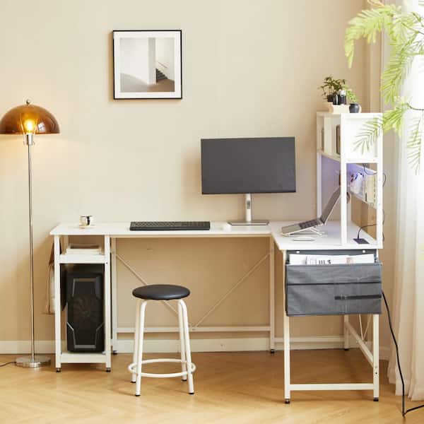 94.5 in. L-Shape White MDF Computer Desk with Stool, LED