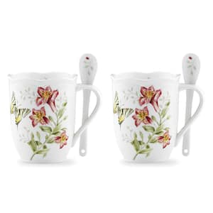 Butterfly Meadow 12 oz. Porcelain Mult-Color Mugs with Spoons (Set of 2)