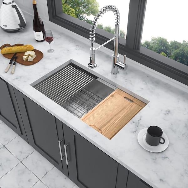 Lindra 33 in. L x 19 in. W Undermount Single Bowl Stainless Steel Kitchen Sink with Strainer and Cutting Board