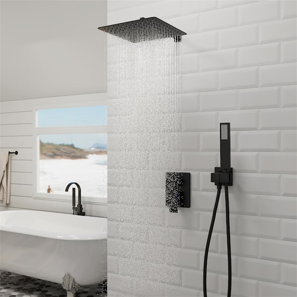 2-Spray Patterns with 2.0 GPM 12 in. Wall Mount Dual Shower Head Hand Shower Faucet in Matte Black